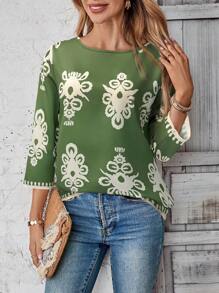 EMERY ROSE Women's Casual Vacation Contrast Color Printed Shirt - Green - View 5