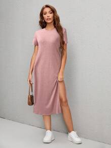 SHEIN LUNE Casual Solid Color Round Neck Short Sleeve Split Hem Dress - Pink - View 3