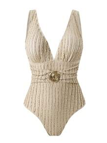 Swim Oasis 2pcs/Set 2025 New Textured Fabric Women Swimsuit, V-Neck Sleeveless Backless One-Piece Swimsuit And High Split Bowknot Strap Beach Vacation Swimwear For Summer - Khaki - View 3