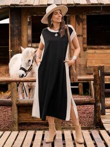 LanaWest Vestido casual de media/larga longitud con bloque de color en forma de H, para uso diario y de vacaciones en el campo