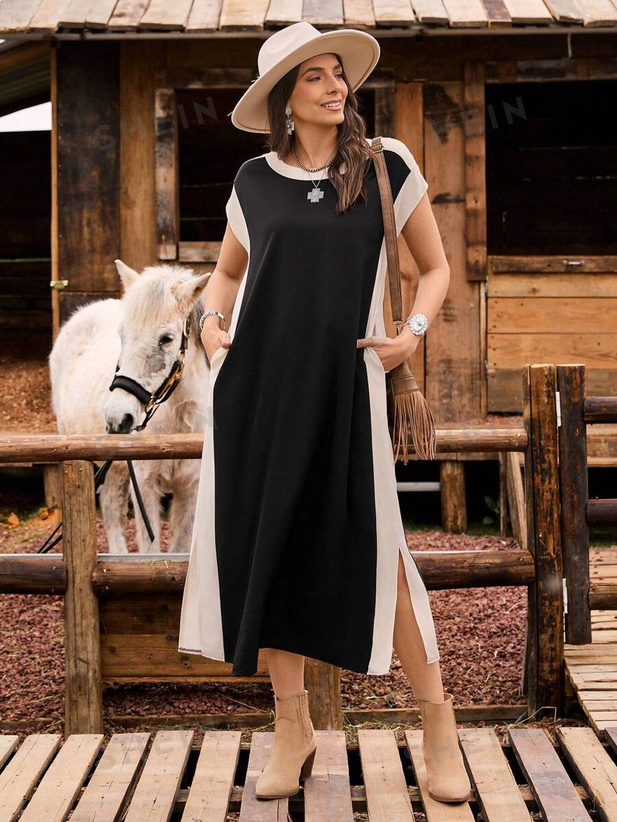 LanaWest Vestido casual de media/larga longitud con bloque de color en forma de H, para uso diario y de vacaciones en el campo