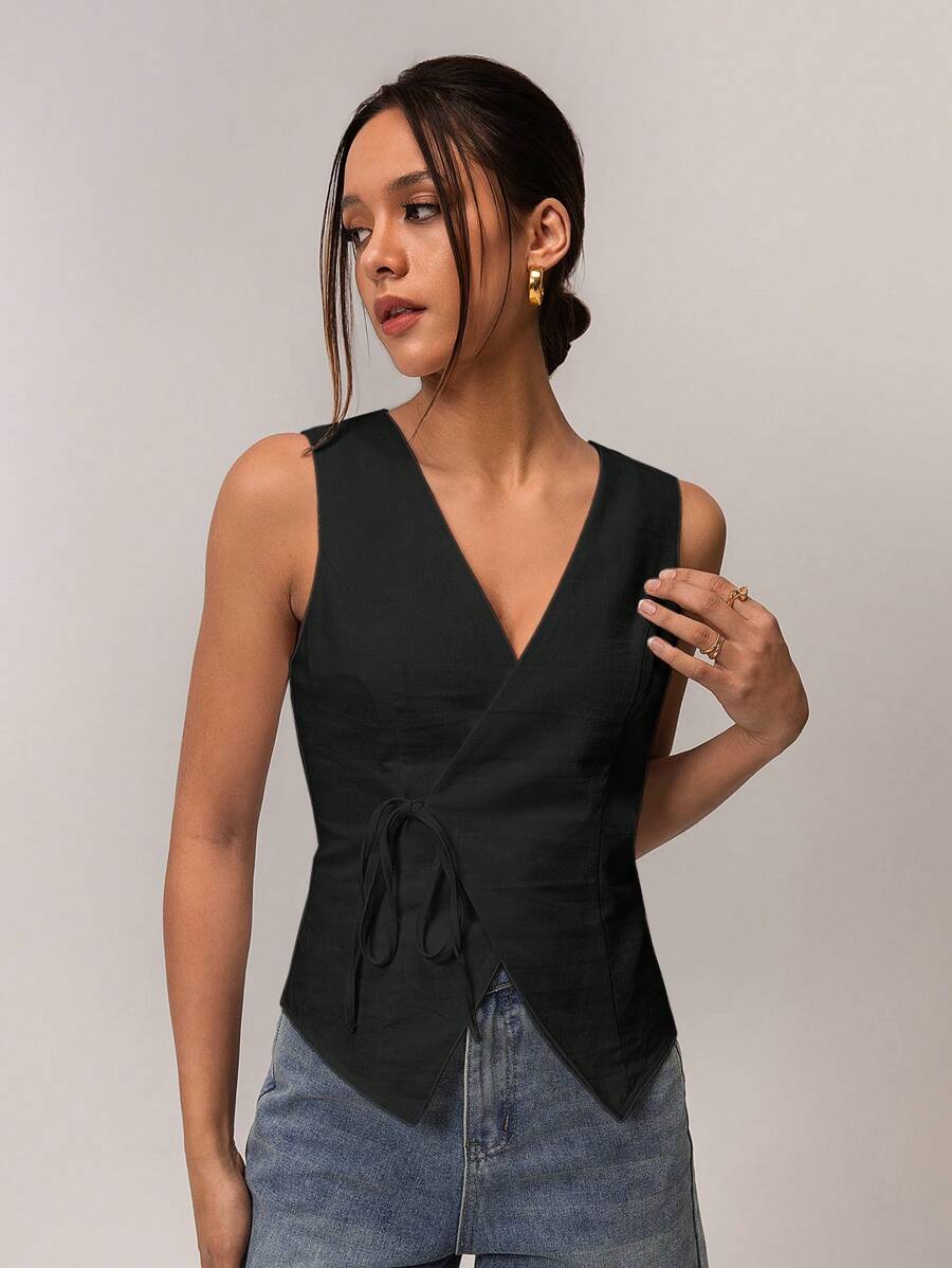 SHEIN Forever 21 Parte superior tipo camiseta de tirantes informal con nudo delantero de unicolor para mujer, para el verano