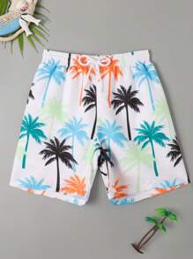 SHEIN Tween Boy Coconut Tree Print Drawstring Waist Swim Trunks - White - View 5