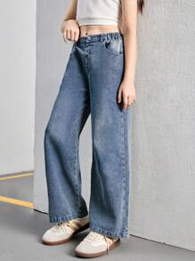 SHEIN Tween 女童轻度洗水休闲直筒牛仔裤，百搭时尚的日常休闲服装 - 中等水洗藍 - 查看 4