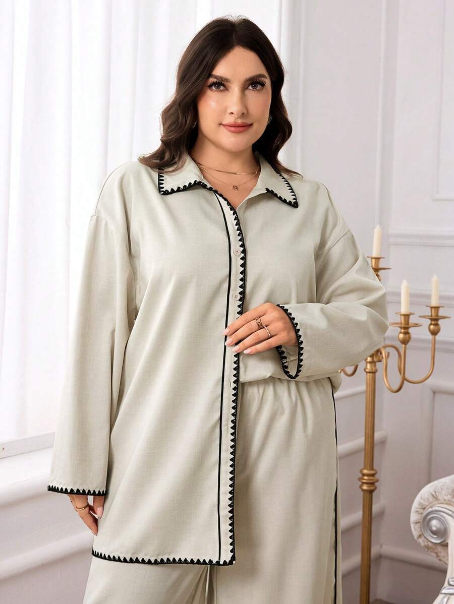 Mulvari Conjunto feminino plus size 2 peças: blusa e calça de manga comprida com acabamento floral, roupa casual