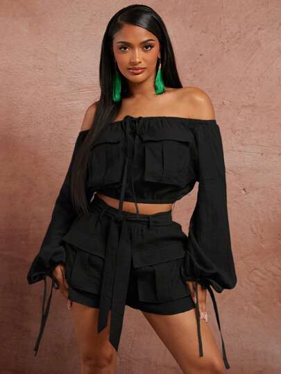SHEIN SXY Spring/Summer Dating Club Valentine's Day Wedding Elegant Vacation Birthday Woven Off Shoulder Cargo Pockets Embellish Long Sleeve Crop Top With Drawstring Strap Design