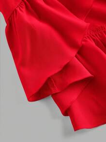 SHEIN Đầm thanh lịch xếp ly ngực nhiều lớp không đối xứng nhún bèo eo cho bé gái tuổi mới lớn, Đầm tiên, Đi chơi mùa xuân - Đỏ - Xem 6