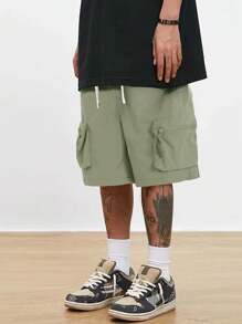 Manfinity Roghcode Men's Drawstring Waist Cargo Pocket Striped Casual Shorts Streetwear, Hip-Hop, Boy Friend Gifts - Green - View 3