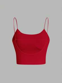 SHEIN Essnce 女士休闲露背短款红色紧身圆领上衣，带衬垫，内置胸垫，胸杯，胸垫可拆卸衬垫，胸垫不可拆卸衬垫，丁字紧身胸衣上衣，胸罩紧身胸衣上衣，紧身胸衣上衣，纯色褶皱衬垫吊带背心 - 玫瑰紅 - 查看 3