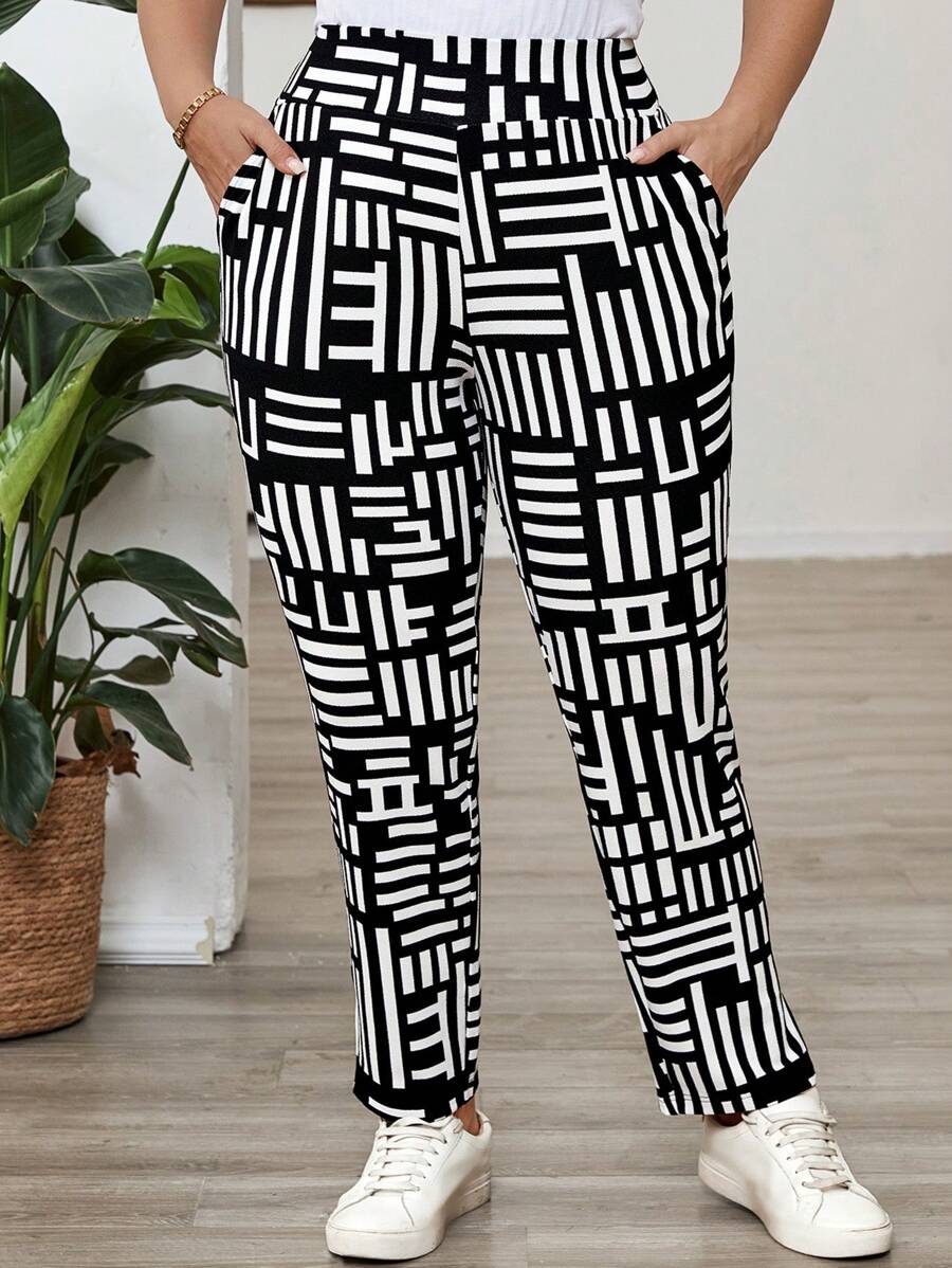 EMERY ROSE Plus Size Women Summer Elegant Casual Geometric Print Ankle Length Pants With Pockets, Simple And Fashionable For Everyday Wear - Black and White - View 1