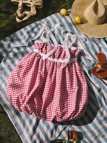 Easelle Women's Sweet Casual Vacation Red & White Checkered Bow Knot Mini Dress, Spring/Summer - Red and White - View 8
