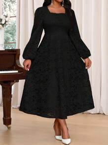 SHEIN Lady Plus Size Elegant Party Solid Color Textured Flare Sleeve Fishtail Dress New Years Vacation Outfits Elegant Party Pink Valentine Day Formal Dresses For Women Lace Dress Pink Dress For Women Summer Dresses For Women