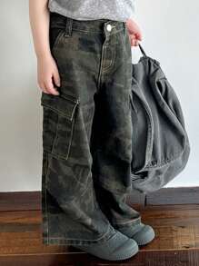 DAZY 小男孩迷彩工装口袋宽松阔腿休闲牛仔裤，秋季服装 - 軍綠色 - 查看 7