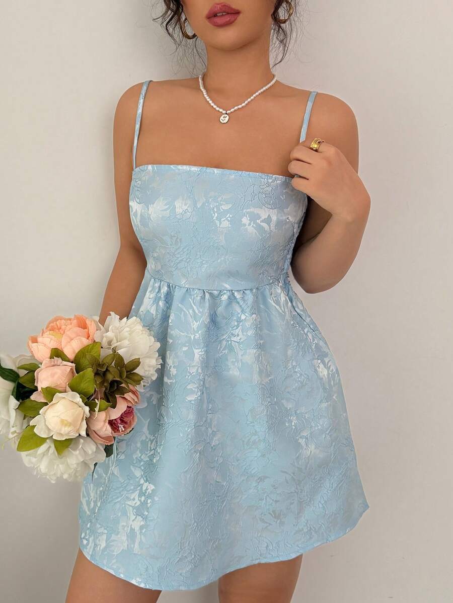 Elenzga Wedding Guest Satin Jacquard Cami Mini Skirt, Blue