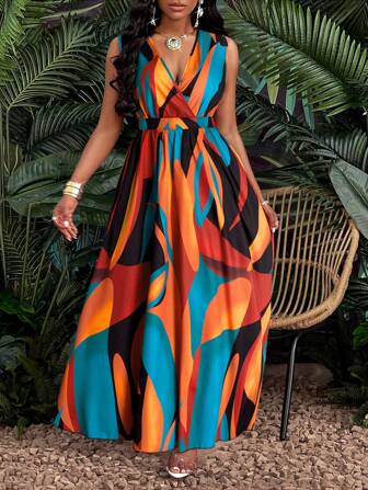 SOLERSUN Robe longue à col en V profond sans manches avec imprimé tout-sur-over pour femmes de grande taille (Impression aléatoire)