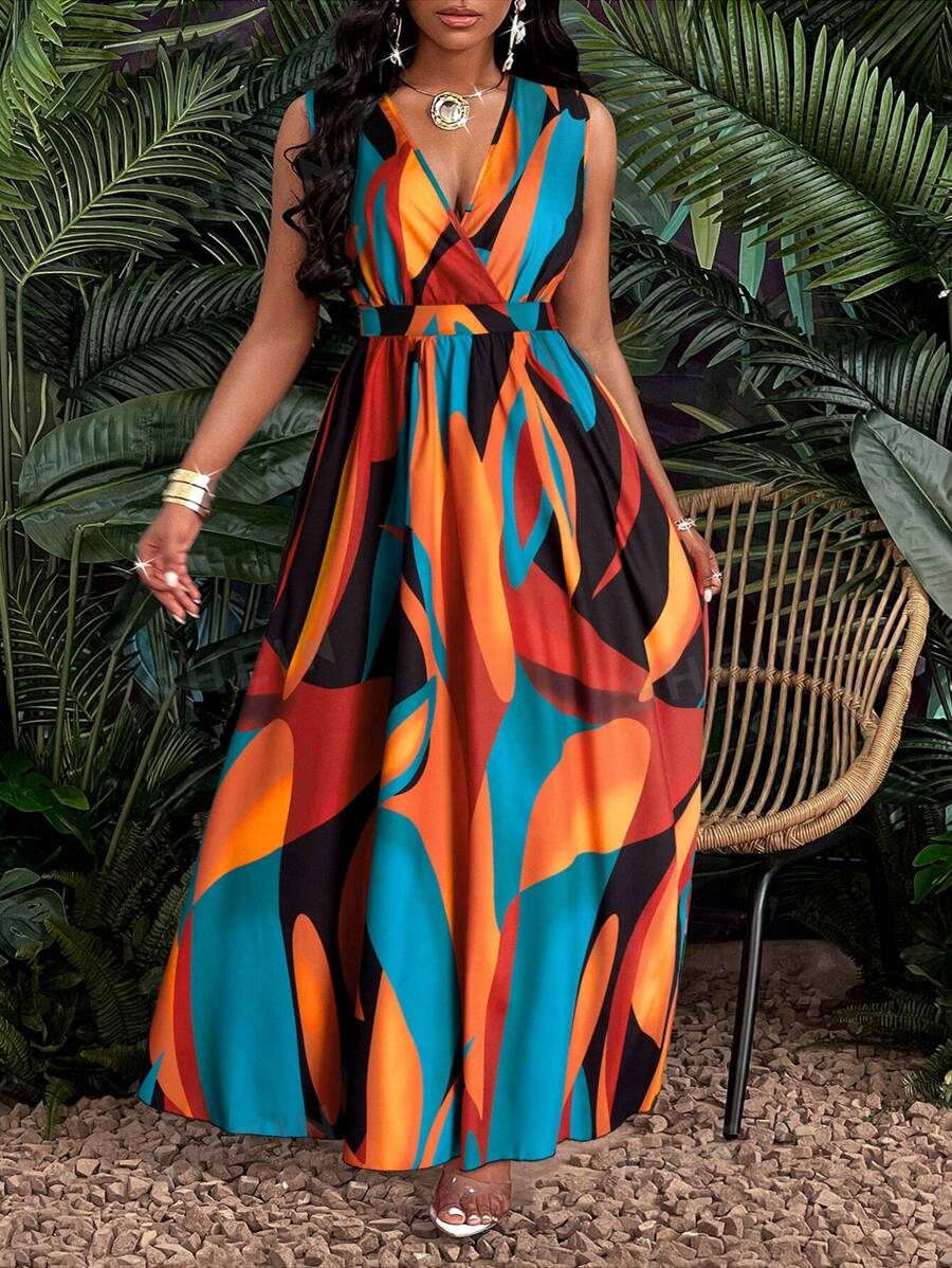 SOLERSUN Vestido largo sin mangas de escote en V profundo con estampado total para mujer talla grande (estampado aleatorio)