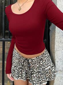 SHEIN EZwear 女士休闲简约高领盖袖勃艮第修身长袖 T 恤，适合春夏季 - 紅木色 - 查看 4