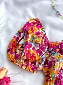 SHEIN 少女度假碎花方领泡泡袖衬衫，可爱碎花上衣 - 紅色 - 查看 3