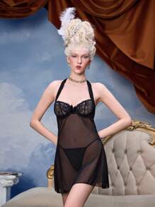 Vestido mini con cuello de halter, espalda descubierta y encaje de malla, camisón sexy para mujer - Negro - Ver 5