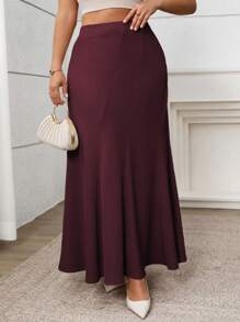 Vionelle 大码优雅休闲不对称开叉下摆 A 字长裙，适合工作和度假，春夏季 - 酒紅色 - 查看 6