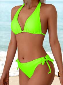 Swim Vcay Solid Color Bikini Swimsuit Set, For Vacation & Beach For Summer - Lime Green - View 3