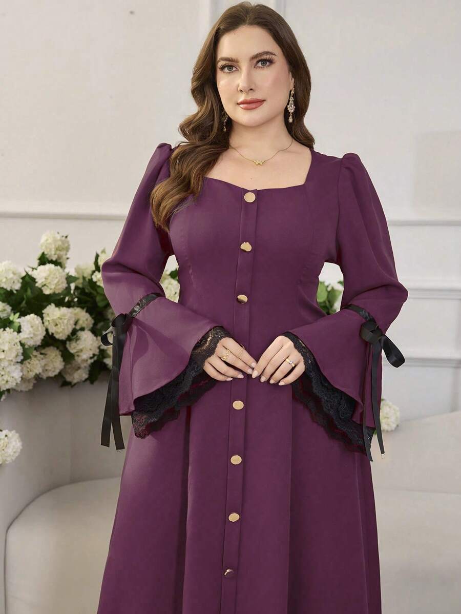 Modelyn 长袖蕾丝蝴蝶结纯色阿拉伯长袍连衣裙 - 紫色 - View 1