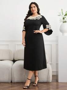 Modelyn Vestido elegante de talla grande con contraste de color y parche de encaje - Multicolor - Ver 4