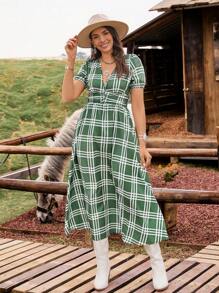 LanaWest 女士格纹面料收腰休闲日常度假通勤短袖连衣裙 - 彩色 - 查看 4