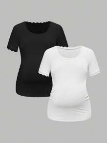 SHEIN Solid Color Round Neck Short Sleeve Fitted Casual Versatile T-Shirt For Pregnant Women - Multicolor - View 3