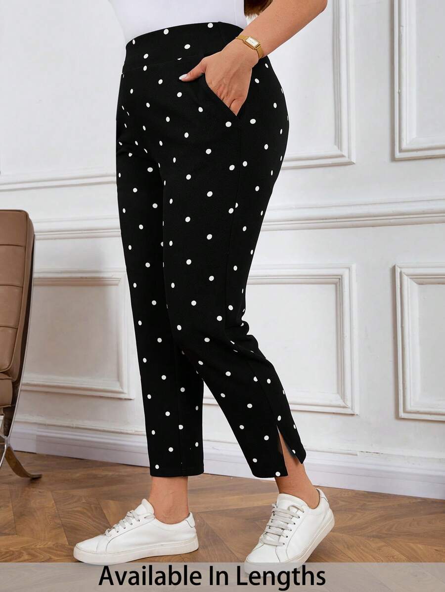 SHEIN PETITE CURVE Plus Size Casual Commuter Polka Dot Print Tapered Pants Summer Pants,Business Casual Woman Teacher Outfits For Women - Black and White - View 1