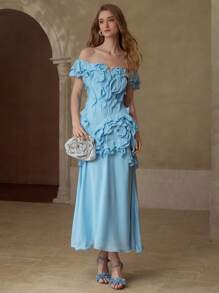 MOTF PREMIUM RUFFLE TRIM OFF SHOULDER DRESS,VALENTINE'S DAY OUTFIT - Blue - View 4