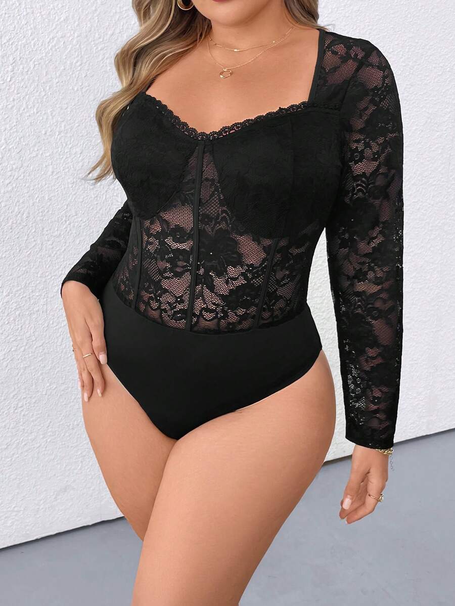 SHEIN Clasi 女式大码优雅蕾丝紧身衣 - 黑色 - 查看 1