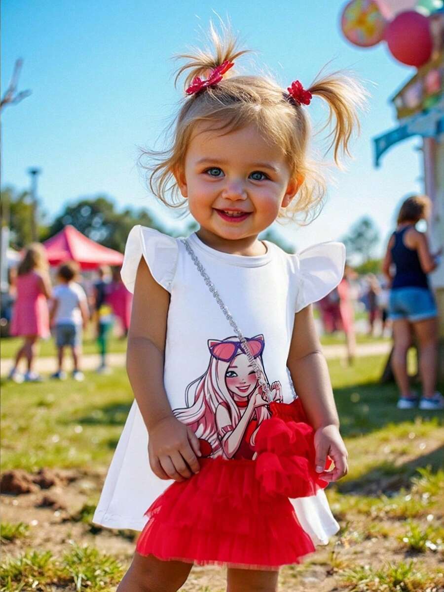 SHEIN Baby Girls' Cute 3D Net Mesh Dress With Cross-Body Bag, Spring & Summer - Red - View 1