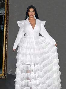 Maweii Đầm Maxi Cổ V Không Đối Xứng Dệt Lưới Sheer Size Lớn Cho Nữ - trắng - Xem 3