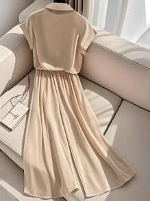 Franclia Elegant Casual Solid Color Turndown Collar Short Sleeve Shirt And Wide Leg Pants 2 Pieces Set For Women