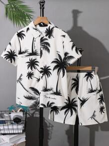 SHEIN 2pcs/Set Tween Boys Casual College Style Hawaiian Shirt & Shorts Set, Suitable For School, Commute, Daily Life, Sports, Spring/Summer