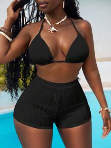Slaydiva 2pcs Bikini Set, Fashion Triangle Top & Shorts, Perfect For Swimming & Beach - Black - View 4