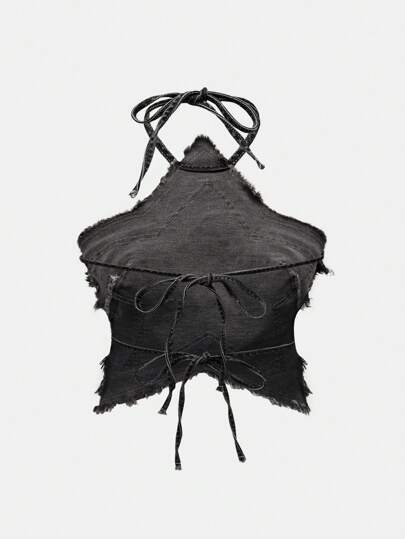 Grunge Punk Plus Size Sexy Tie Neck Vintage Washed Five-Pointed Star Frayed Hem Denim Top