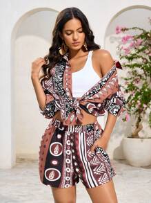 INAWLY 2pcs Summer Vacation Short Sleeve Shirt & Shorts Set, Minimalist Fashion, Bohemian