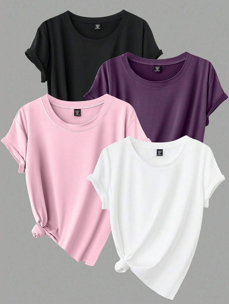 Calvaya Plus Size Women's Solid Color Loose Round Neck Short Sleeve Casual T-Shirt - Multicolor - View 1