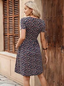 Faunlyn Valentine's Day Ladies' Summer Round Neck Floral Print A-Line Short Elegant Dress - Multicolor - View 2