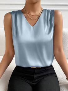 EMERY ROSE Women's V-Neck Satin Long Sleeve Blouse,Sleeveless Tops - Baby Blue - View 5