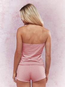 MISSGUIDED Strapless Bandeau Two Piece Set Ruched Summer Casual High Rise Hot Shorts Party Club Festival Loungewear Outfit Ribbed Striped Crop Top - Pink - View 2