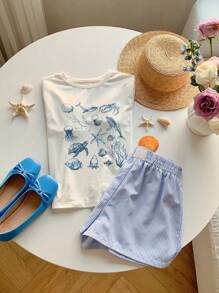 Comfortcana Conjunto casual de 2 piezas con camiseta de manga corta de cuello redondo con estampado de estrella de mar y pantalones cortos a rayas para mujer