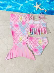 Young Girl Pinky Simple Fashion Beautiful Mermaid Printed Swimsuit Set, Random Print - Pink - View 2