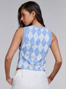 Athîral Blusa sin mangas con estampado de rombos y amarre delantero para mujer - Azul - Ver 4