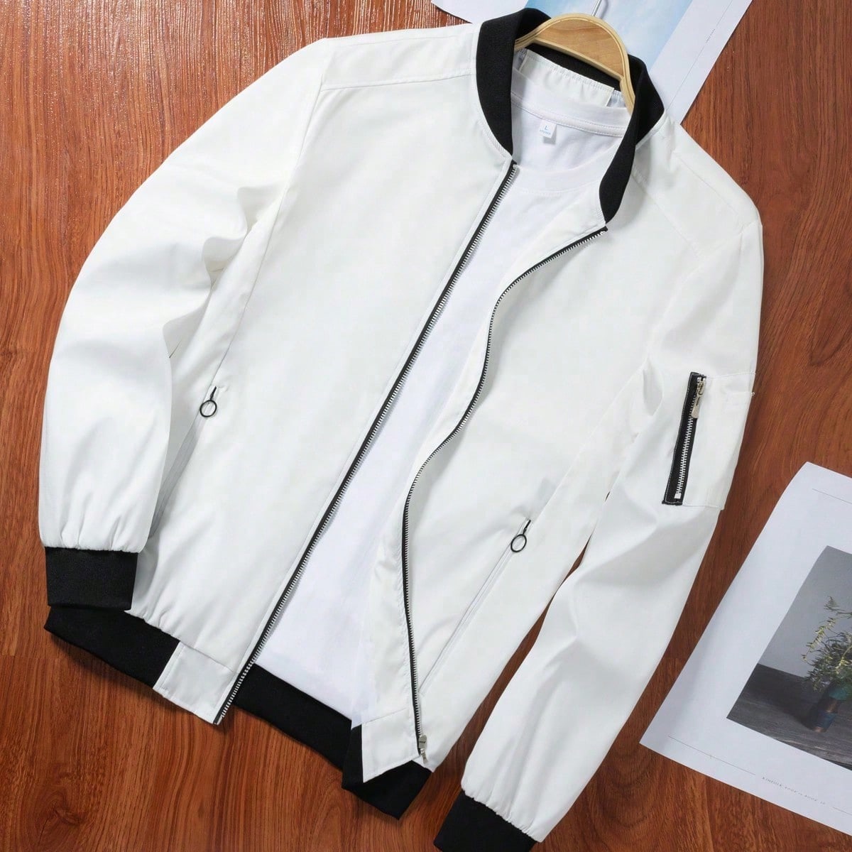 Chaqueta de béisbol casual con cremallera y contraste de colores para hombre, para el otoño