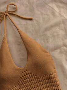 Soleia Casual Ruffle Trim Open Back Halter Neck Knit Blouse - Camel - View 6