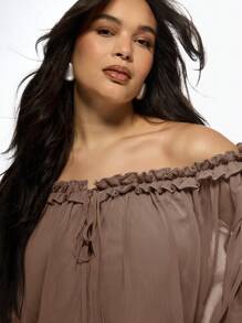 MISSGUIDED PLUS Plus Size Off Shoulder Ruffle Mini Dress Blouson Sleeve Party Evening Special Occasion Chiffon Ruched Bodycon Dress With Gathered Sleeves - Mocha Brown - View 7