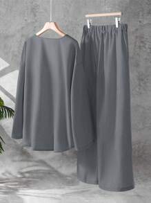 EMERY ROSE 2pcs Plus Size Women's Solid Color Long Sleeve Front Tie Blouse And Pants Two Pieces Casual Set Fall Cloth For Women - Grey - View 2